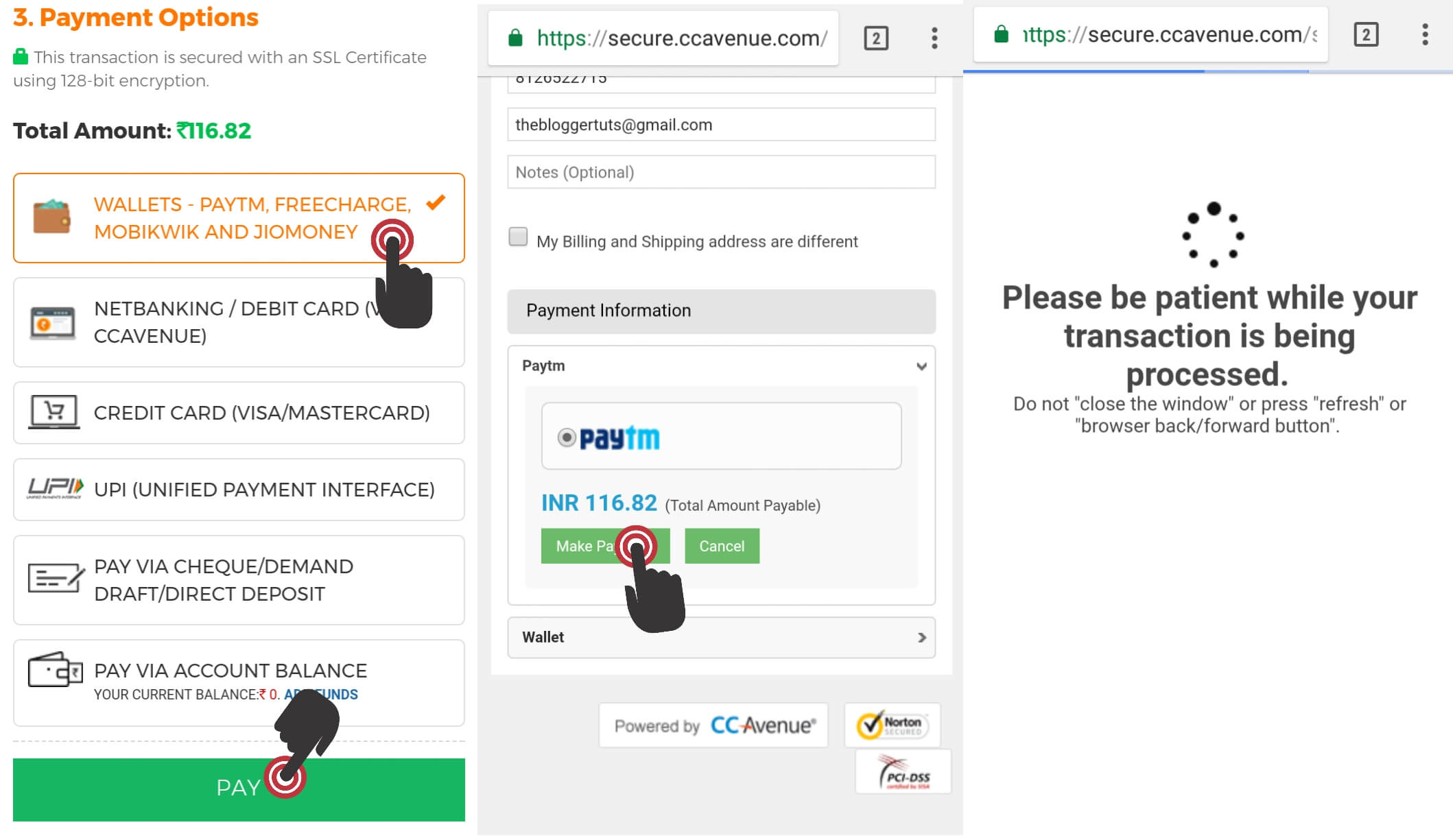 1) Select PayTm option 2) Click on make payment